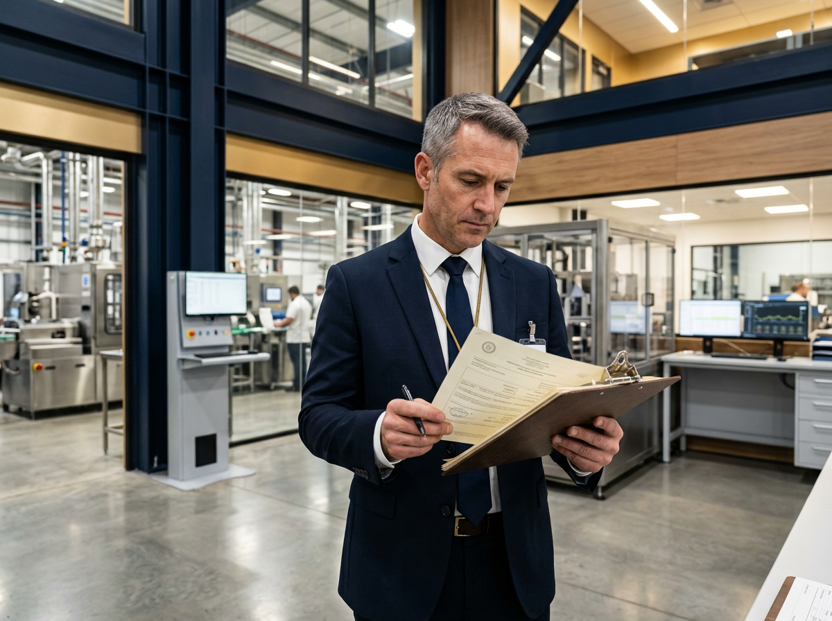 Quality auditor examining a certification document